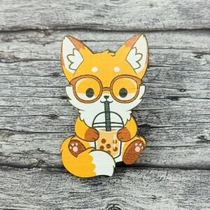 Cute Orange Fox Glasses Drinking Boba Wooden Custom Pin 2" New
